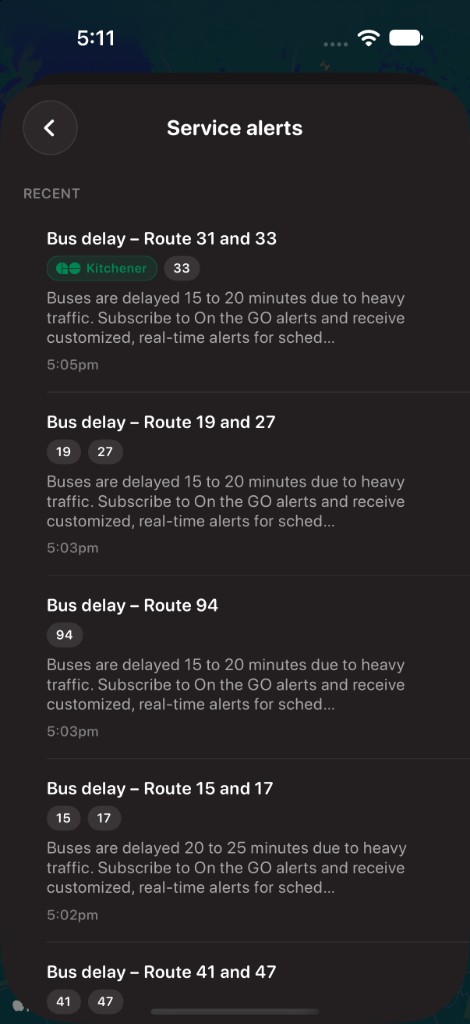 Dark service alerts list for GO bus delays