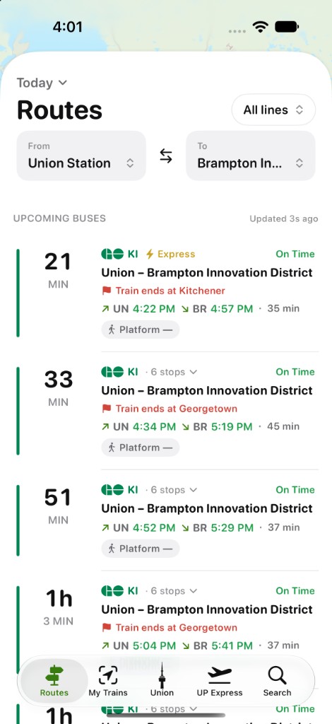 Routes screen with Union to Brampton Innovation District train departures
