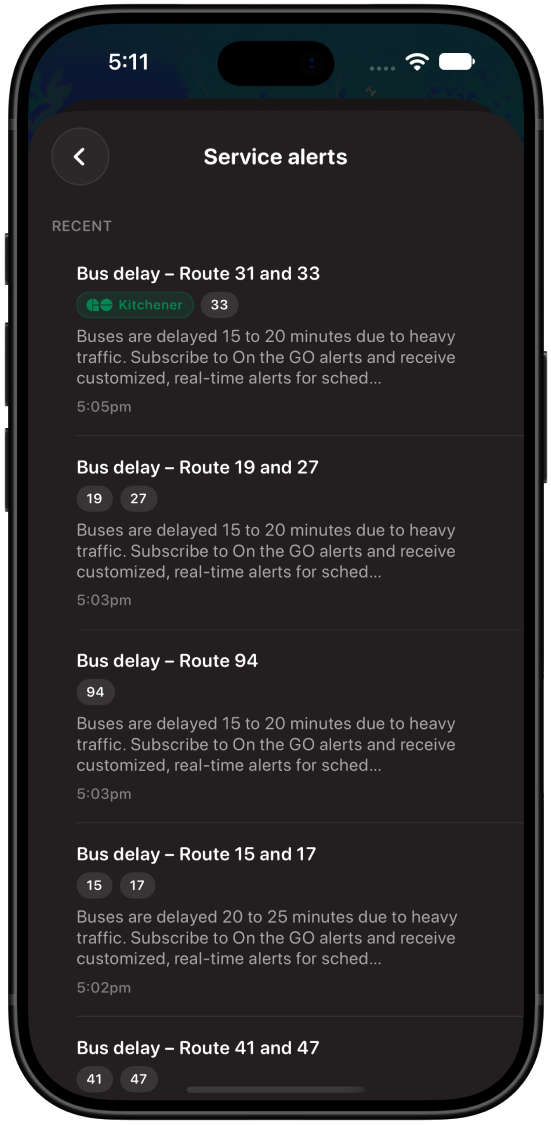Service alerts list, dark mode