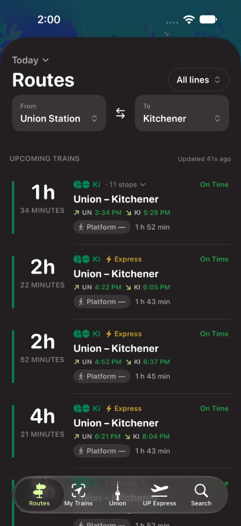 Kitchener route board in dark mode
