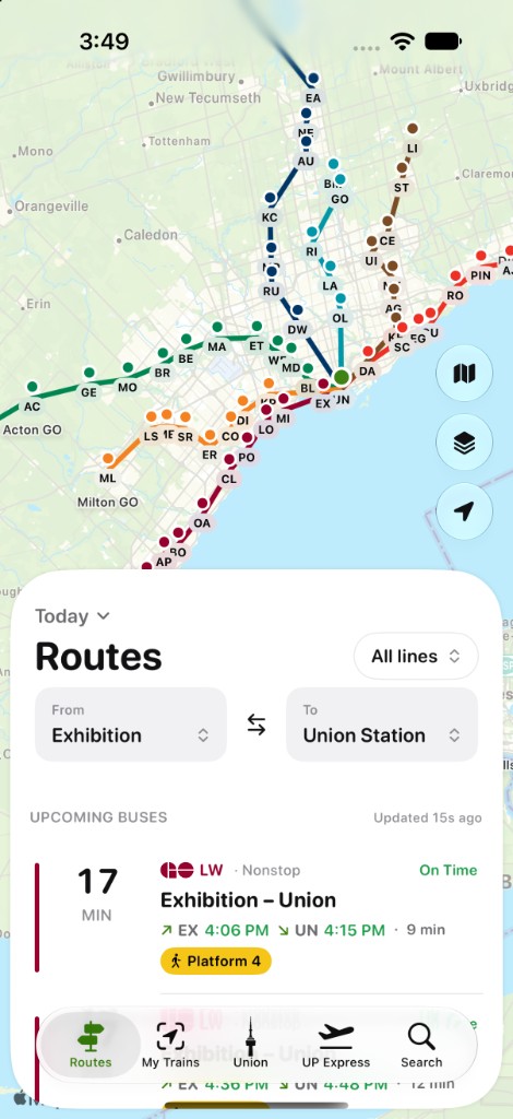 GO network map with Exhibition to Union Station route board