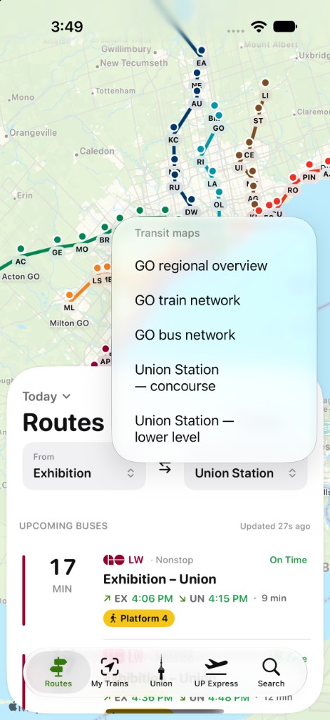 Transit maps selector displayed over a GO route board