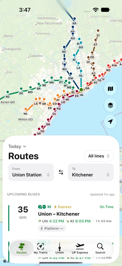 Routes screen showing Union Station to Kitchener over the GO network map