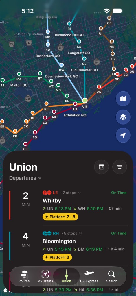 Union departures shown in dark mode over a transit map