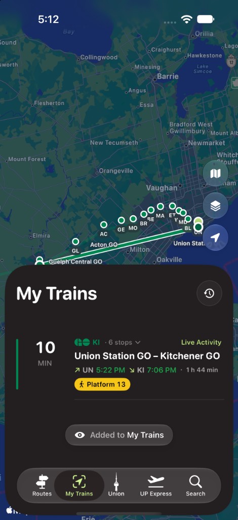 My Trains screen with an active tracked Kitchener train