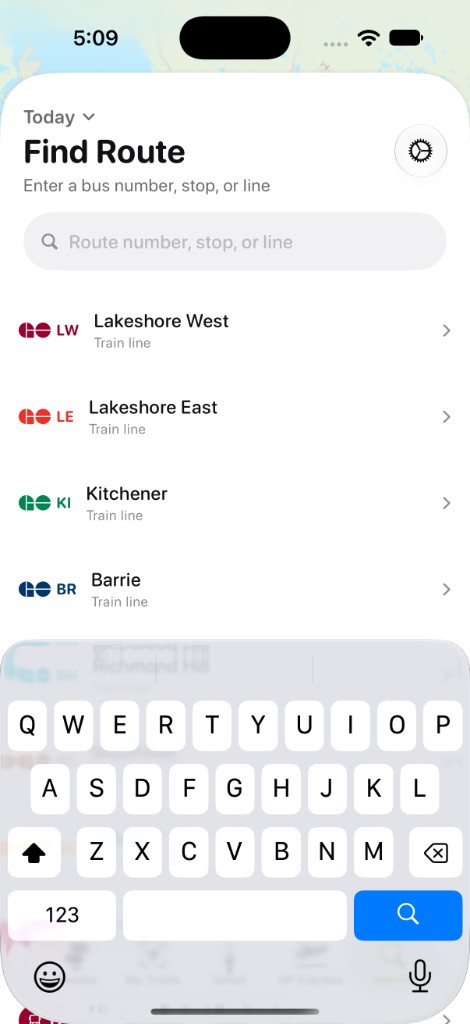 Find Route screen with iPhone keyboard open for route search