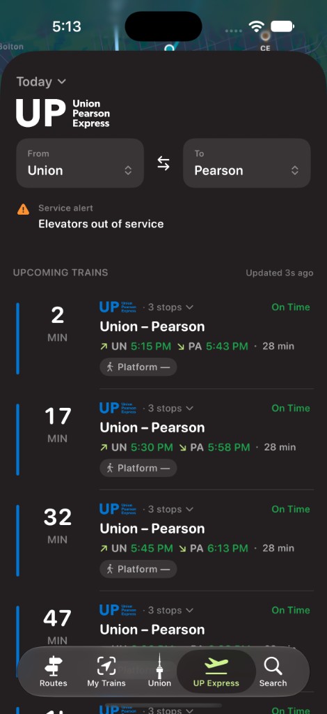 UP Express dark schedule screen showing Union to Pearson trains