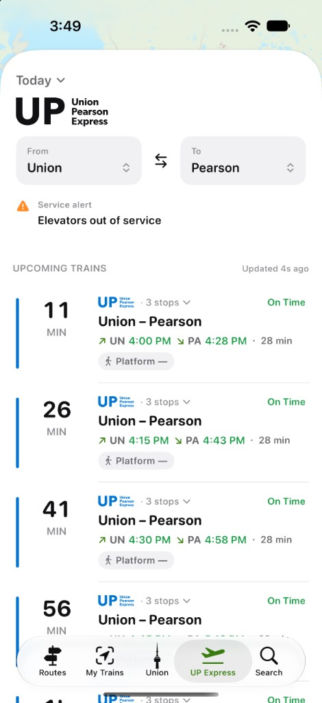 UP Express light schedule screen showing Union to Pearson trains